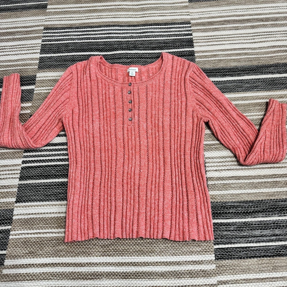 Sundance Sweater Women's Large Petite Orange Ribbed Henley Scoop‎ Neck Soft Knit
